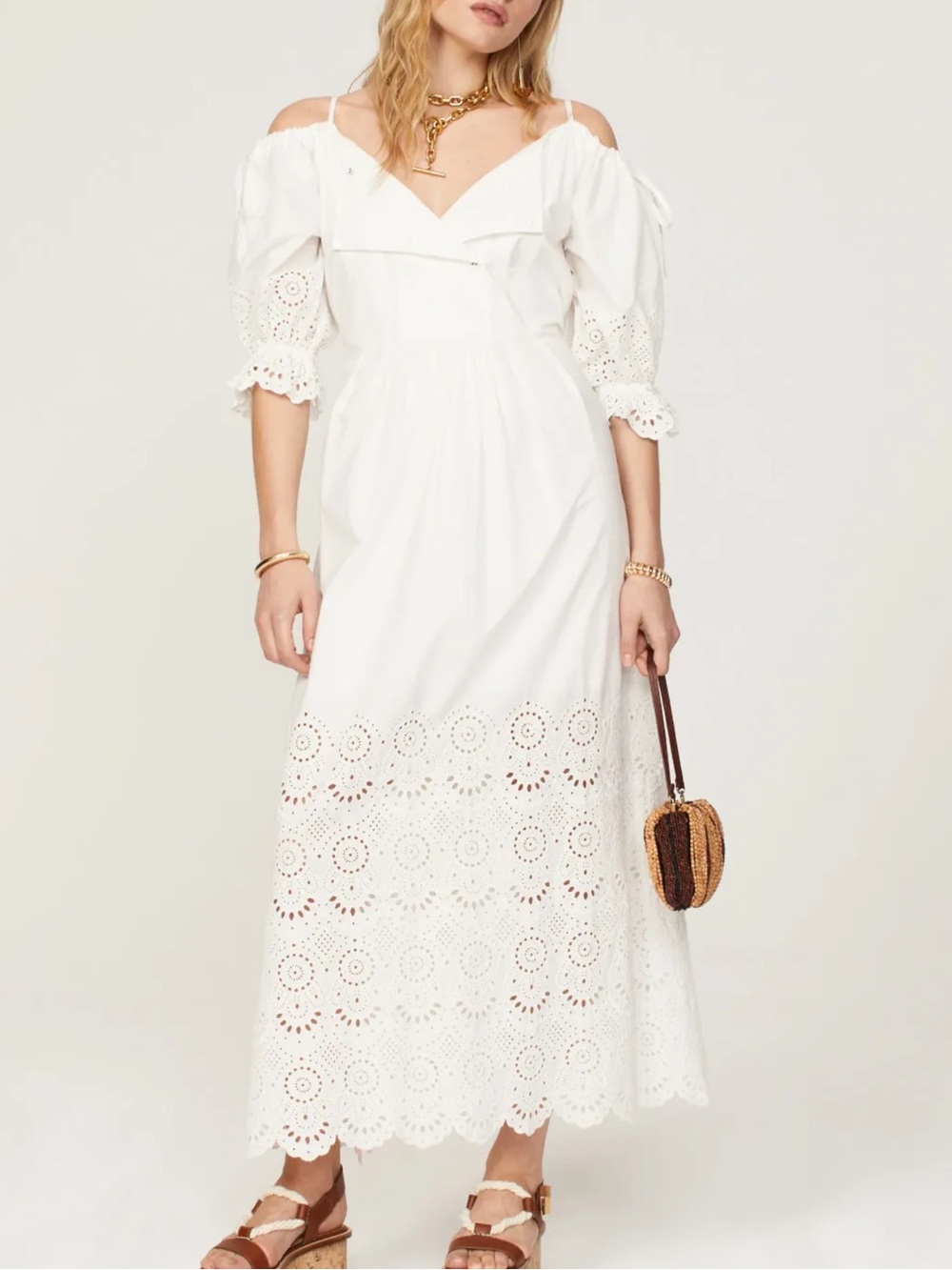 Ulla Johnson Narcisa White Eyelet Cotton Maxi Dress Off Shoulder Size 4